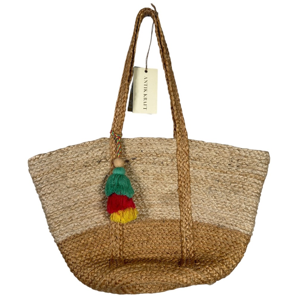 ANTIK KRAFT 100% Jute Color Block Tote Bag Ivory Natural Tassel NWT India - Picture 2 of 8